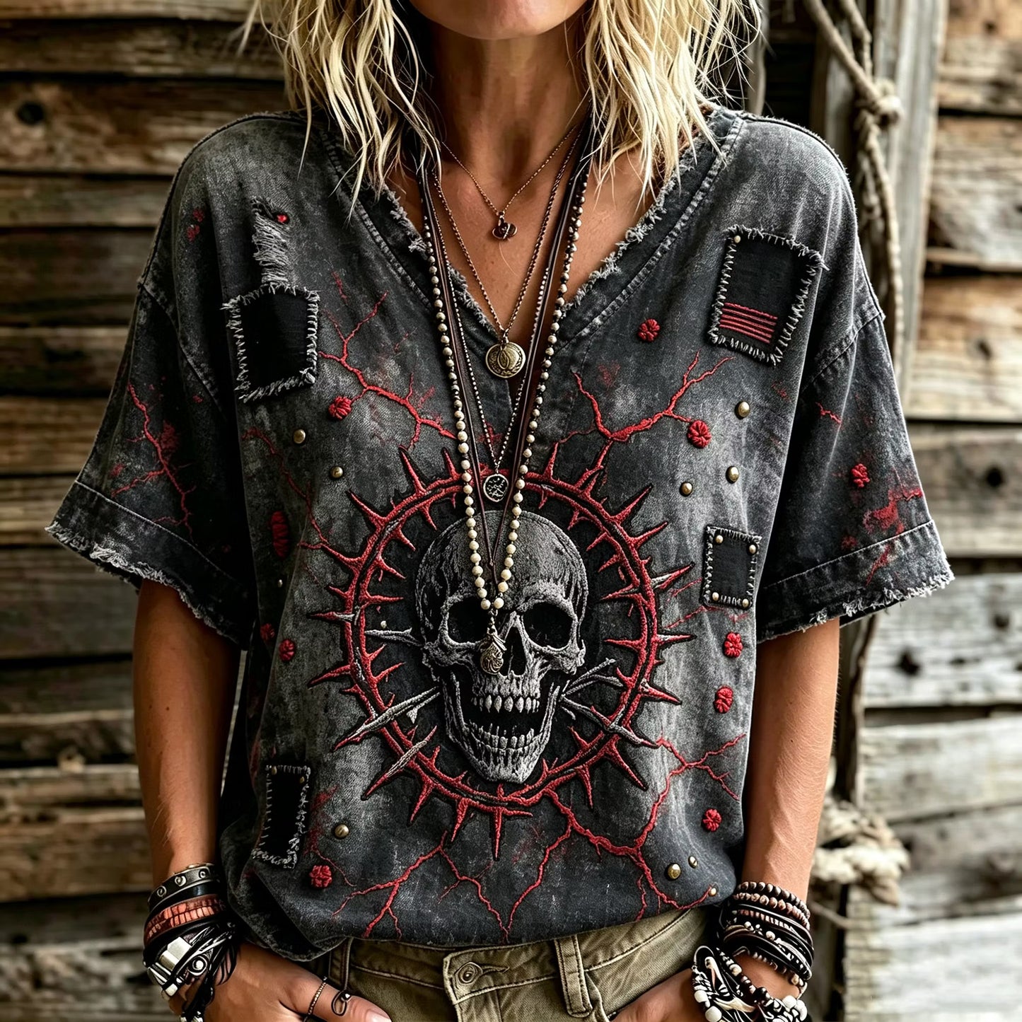 Women's Vintage Washed Gothic Rock Skull Thorn Embroidery Distressed Top