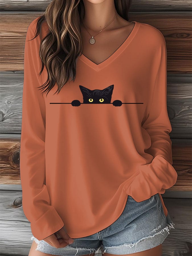 Women's Cat Print V-Neck Long Sleeve T-Shirt