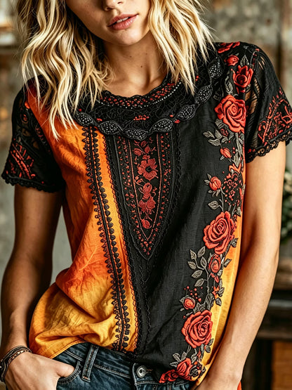 Women's Retro Rose Embroidery Gradient Pattern Casual Halloween Crew Neck T-shirt