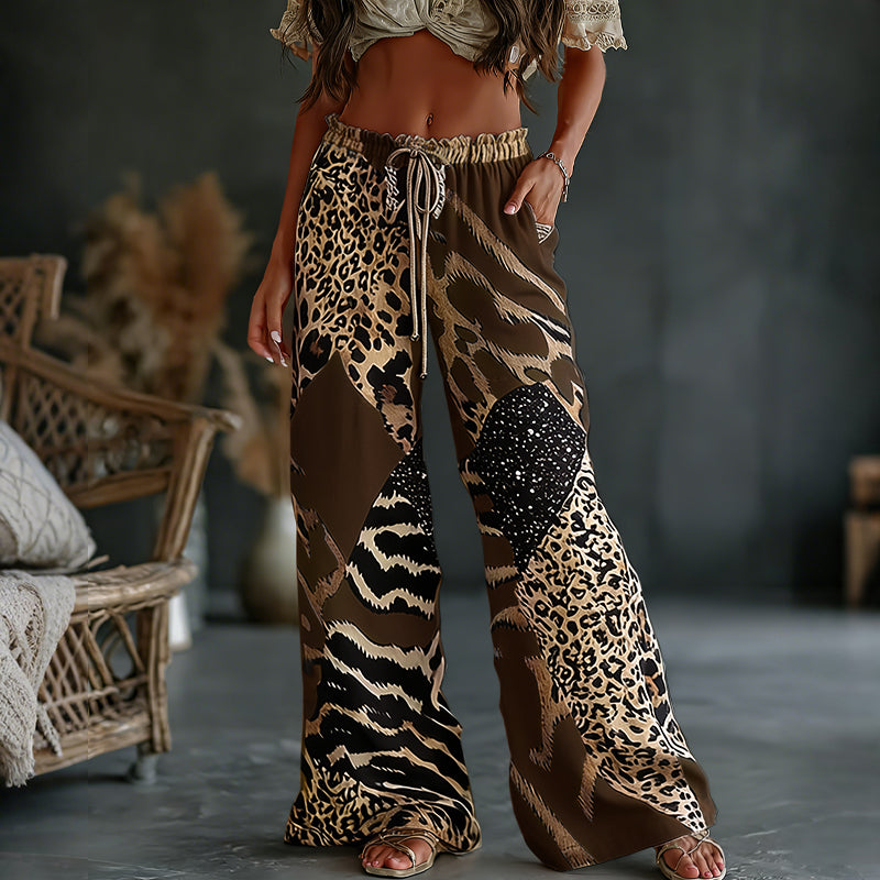 Women's  Leopard And Animal Patchwork Art Print Flowy Linen Blend Casual Pants