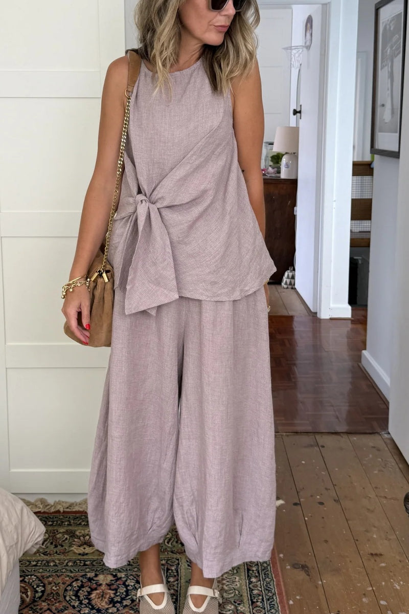Coco Front Tie Up Linen Top in Houndstooth
