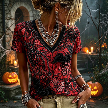 Women's Halloween Gothic Red Spider Bat Floral Rhinestone 3d Embroidery Distressed Top