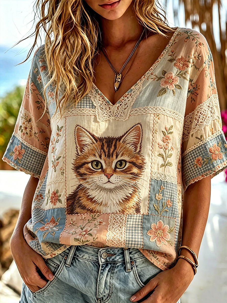 Women's Casual Retro Short-Sleeve Top with Deep V-Neck and Cat Print