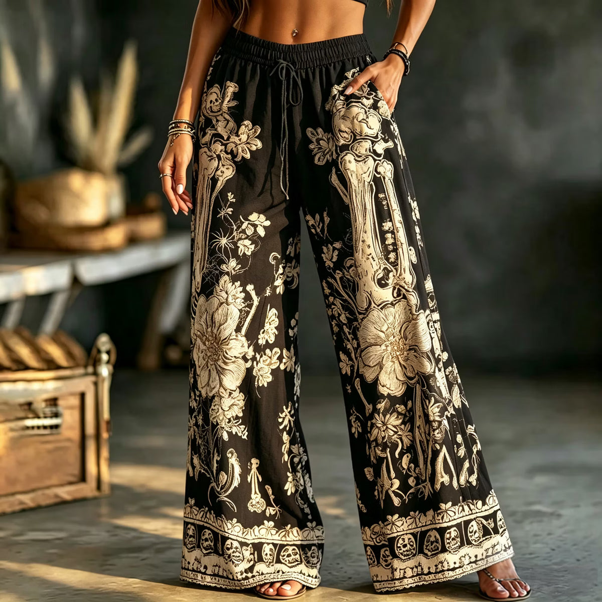 Women's Boho Gothic Skeleton Floral Print Wide Leg Palazzo Pants