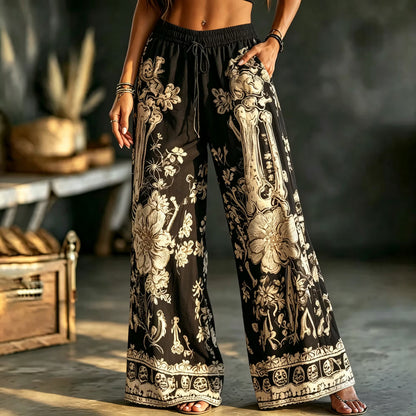 Women's Boho Gothic Skeleton Floral Print Wide Leg Palazzo Pants