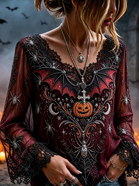 Women's Gothic V-neck Long-sleeved Blouse, Decorated With Pumpkin Lanterns, Bat Wings And Spider Web Patterns.