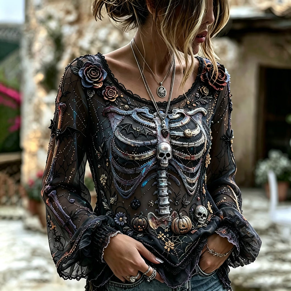 Vintage Halloween Skull And Floral Art Casual Long Sleeve Top