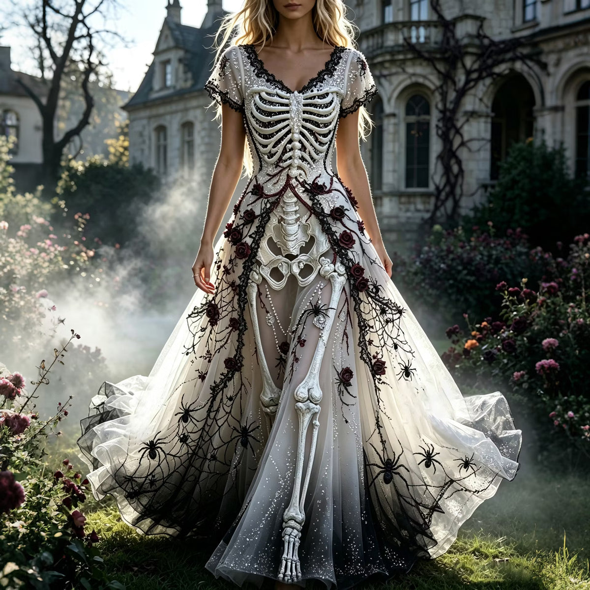 Women's  Retro Gothic Skull Floral Pattern Short Sleeves Maxi Halloween Dress