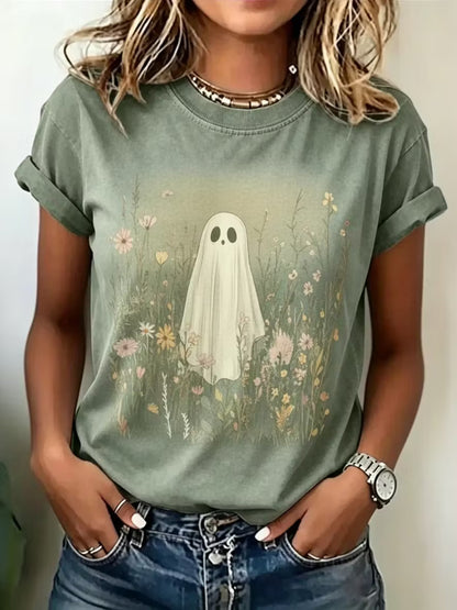 Women's Retro Halloween Ghost Pattern Casual T-shirt