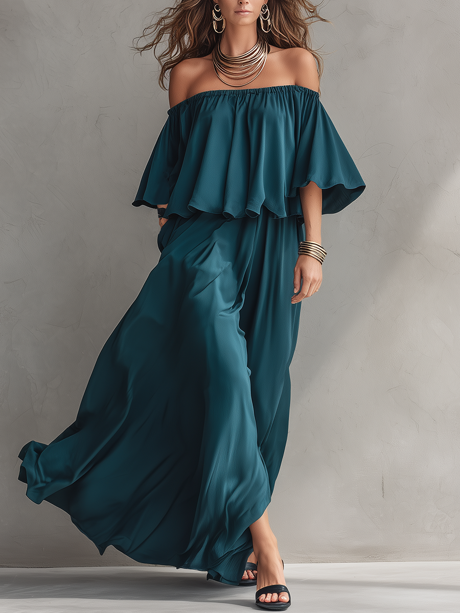 Flowy Off-Shoulder Ruffle-Trimmed Maxi Dress