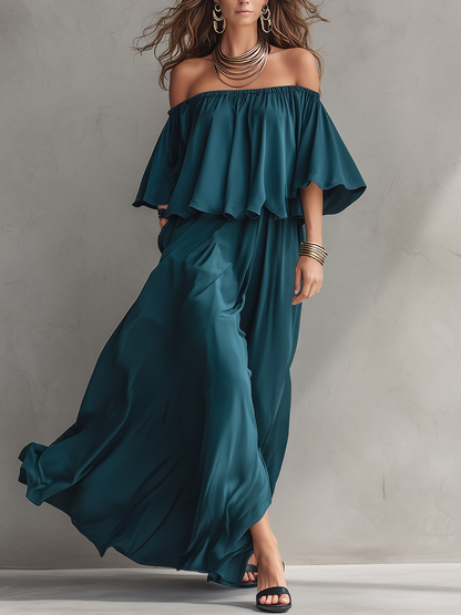 Flowy Off-Shoulder Ruffle-Trimmed Maxi Dress