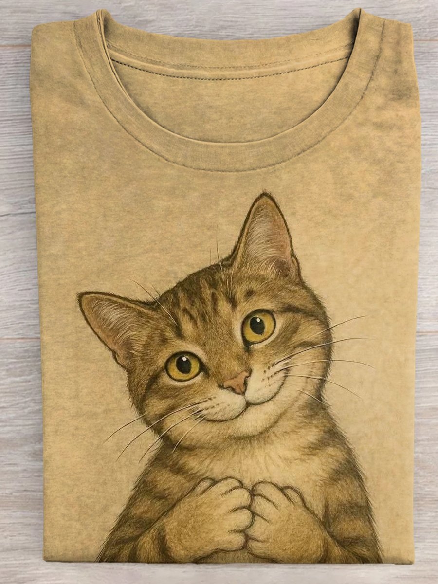 Women's Cute Animal Cat Pattern Print Round Neck T-Shirt