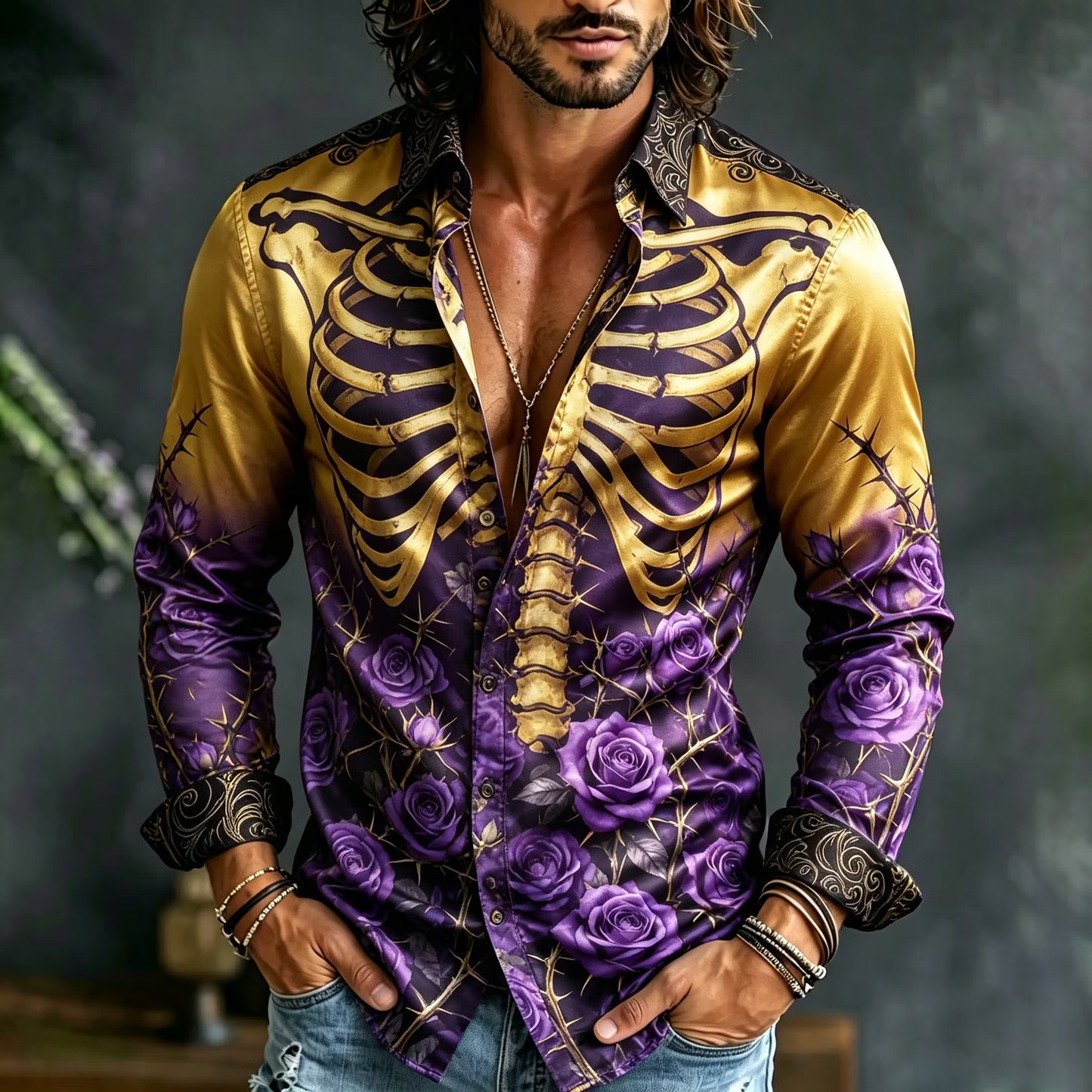 Men's Retro Halloween Skull And Rose Print Long-sleeve Shirt