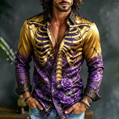 Men's Retro Halloween Skull And Rose Print Long-sleeve Shirt