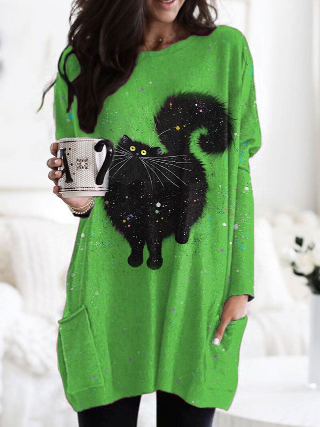 Women's cute black cat print sweatshirt