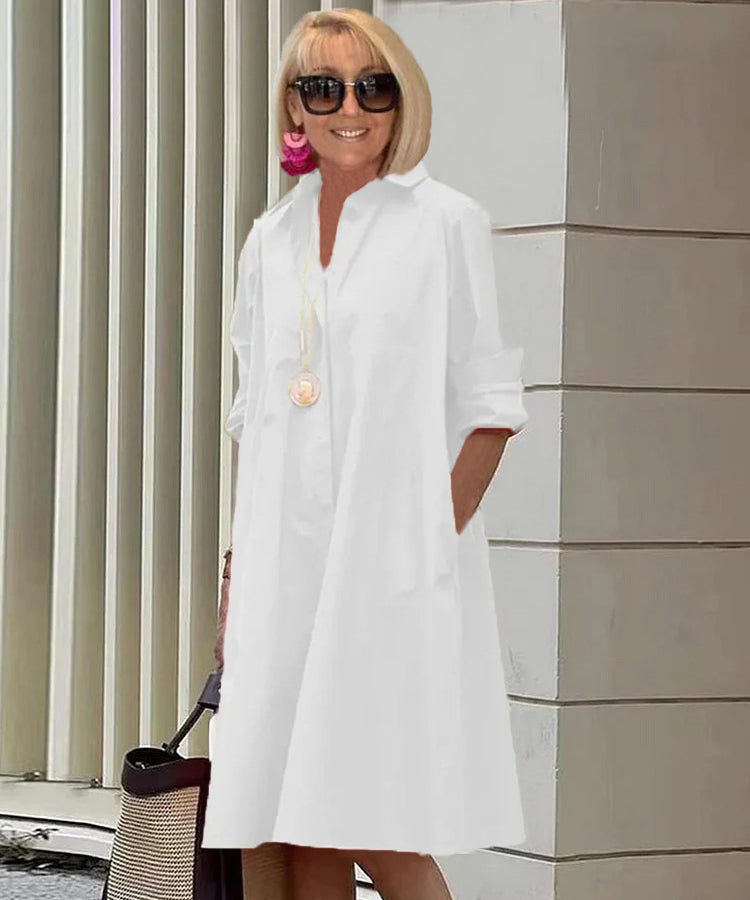 Spring-Summer New Type Fashion Temperament Shirt Collar Long Sleeve Pocket Mid-Length Dress