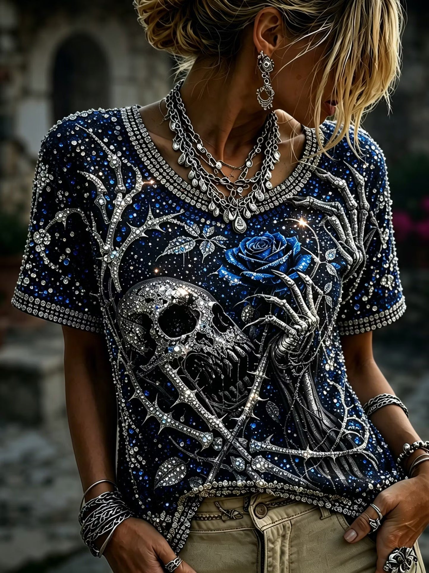 Women's Bohemian Style Skull And Rose Floral Sequin Print Top