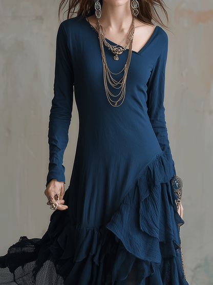 Bohemian Asymmetric Ruffle Chiffon Maxi Dress Navy Blue