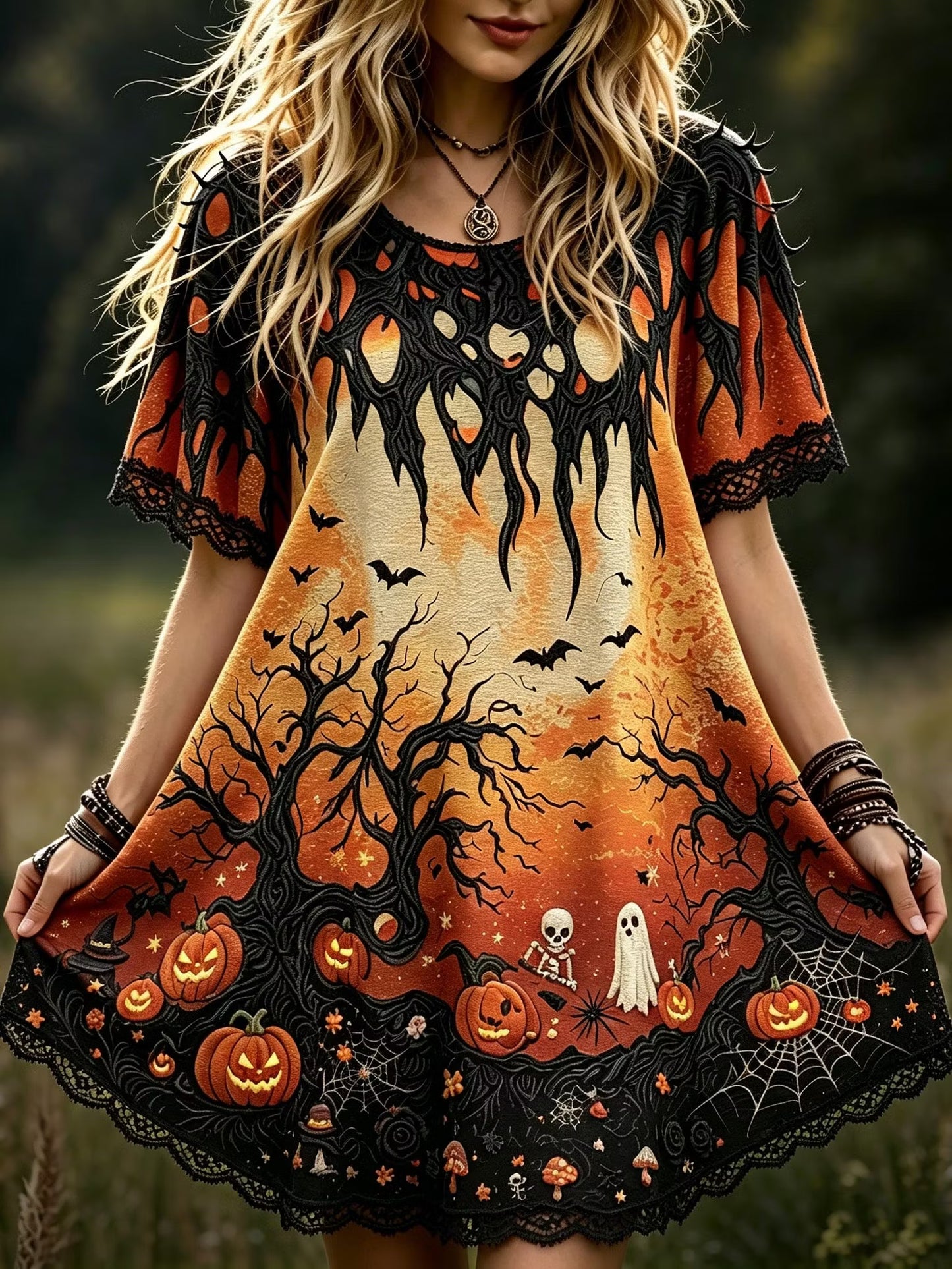 Women's Bohemian-style Halloween Dress With Skull, Ghost, And Pumpkin Prints