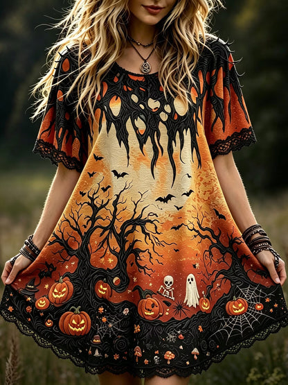 Women's Bohemian-style Halloween Dress With Skull, Ghost, And Pumpkin Prints