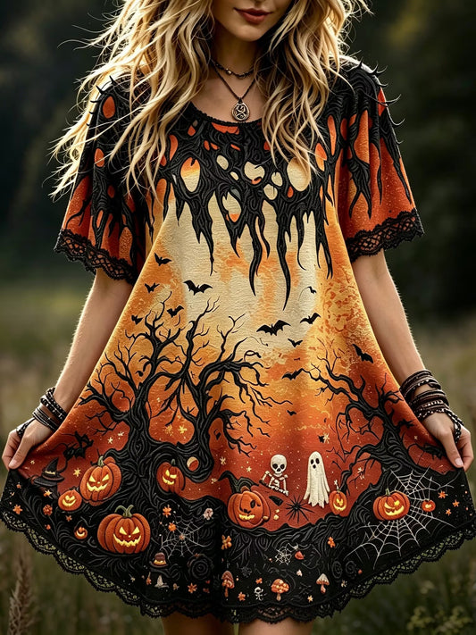 Women's Bohemian-style Halloween Dress With Skull, Ghost, And Pumpkin Prints