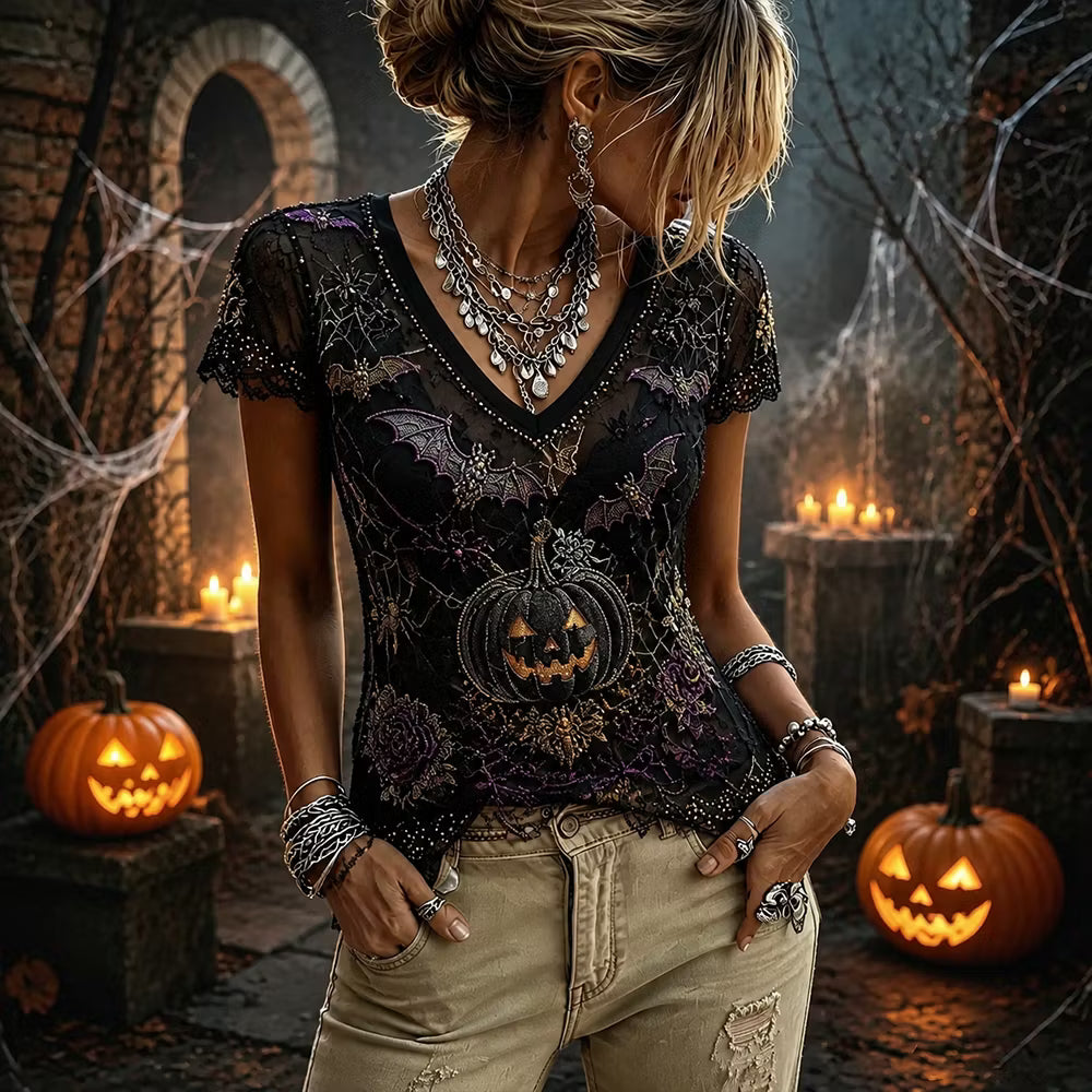 Women's Halloween Gothic Black Pumpkin, Bat & Spiderweb Short-sleeve Top