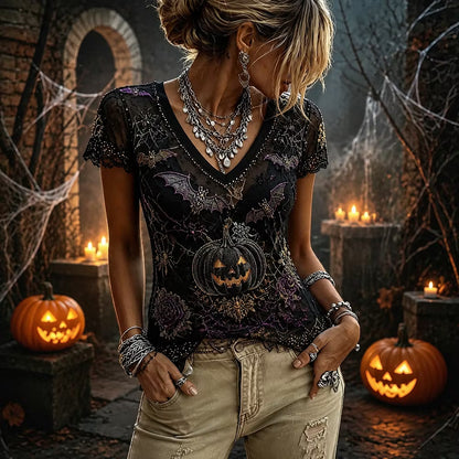 Women's Halloween Gothic Black Pumpkin, Bat & Spiderweb Short-sleeve Top