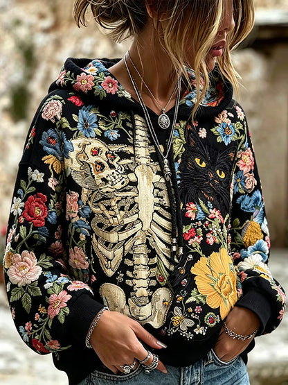 Women's Gothic Vintage Boho Black Cat Graphic Floral Skeleton Embroidery Hoodie