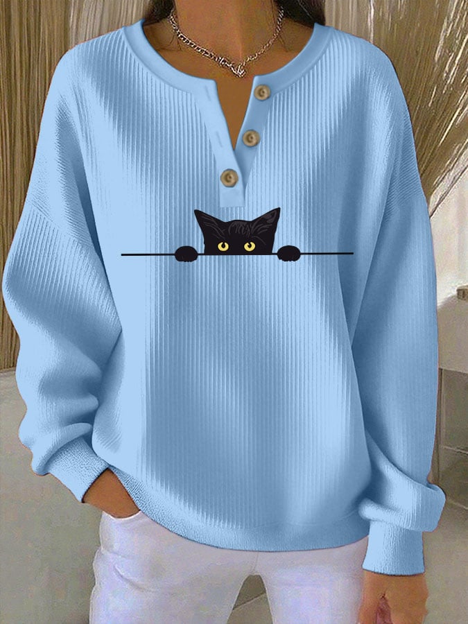 Women's Cat Print Knitted Crew Neck Long Sleeve Top