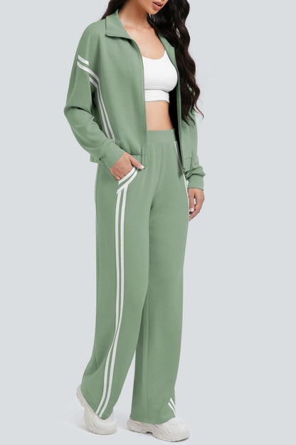 Zippered Tracksuit With Color-blocked Striped Wide-leg Pants