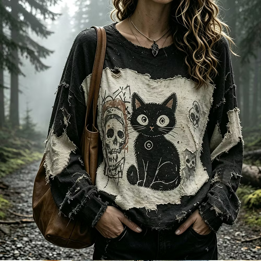 Women's Distressed Long-sleeved Round-neck Shirt With Black Cat And Skull Print.