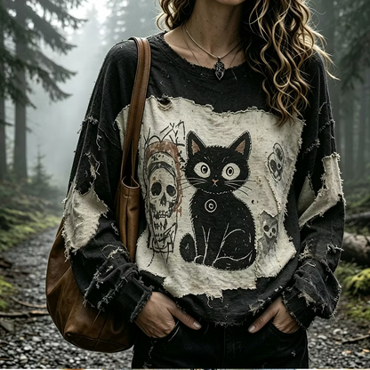 Women's Distressed Long-sleeved Round-neck Shirt With Black Cat And Skull Print.