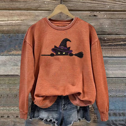 Women's Funny Magic Wizard Black Cat Pattern Casual Halloween Sweatshirt