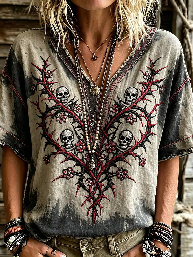Bohemian Gothic Ombre Vintage Wash Red Thorn Heart Skull Floral Embroidery Top