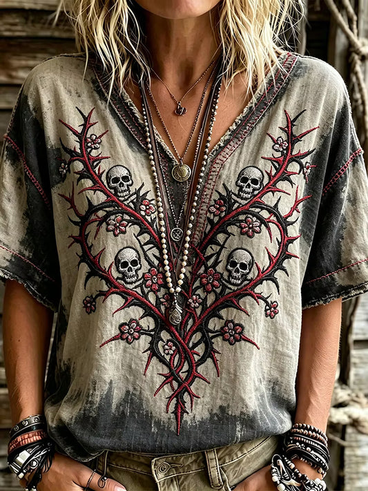 Bohemian Gothic Ombre Vintage Wash Red Thorn Heart Skull Floral Embroidery Top