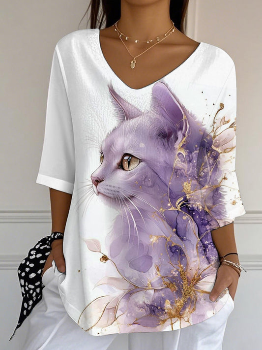 Women's Summer Ink Painting Purple Kitten Floral Casual Top