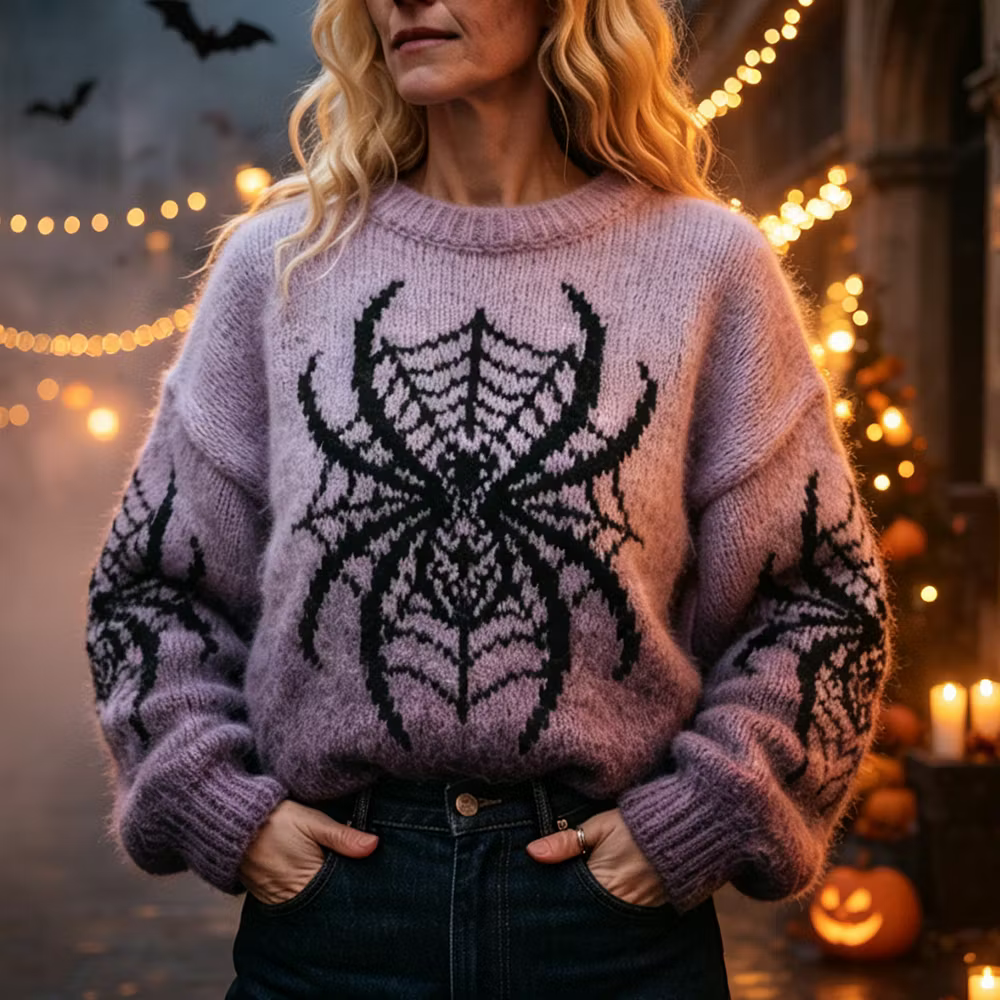 Women's Gothic Oversized Spider Web Print Crewneck Knit Sweater