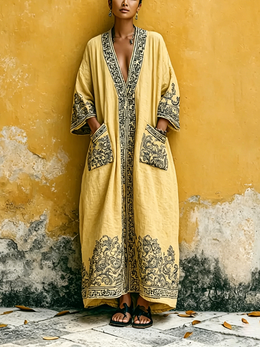 Bohemian Vintage-print Cotton-linen Maxi Dress