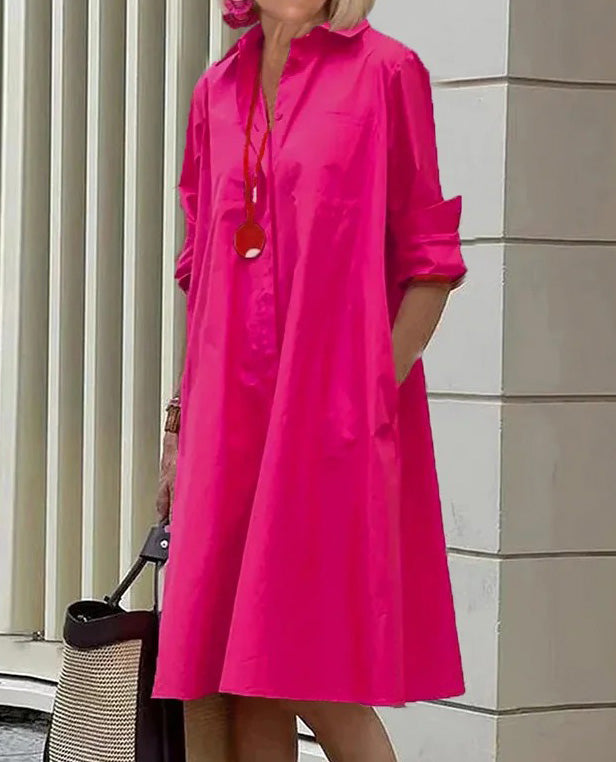 Spring-Summer New Type Fashion Temperament Shirt Collar Long Sleeve Pocket Mid-Length Dress