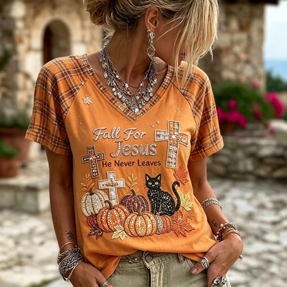 Women's Autumn Pumpkin Cat Art Print V-neck Short Sleeve T-shirt