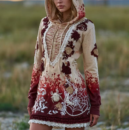 Women's Retro Halloween Human Bones And Floral Embroidery Hoodie