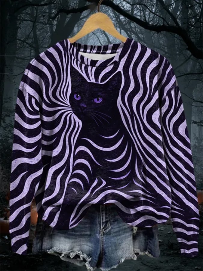 Women's Halloween Black Cat Print Sweatshirt