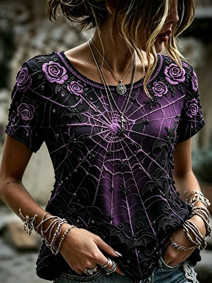 Women's Retro Halloween Style Spiderweb, Rose, And Bat Embroidered Print Top