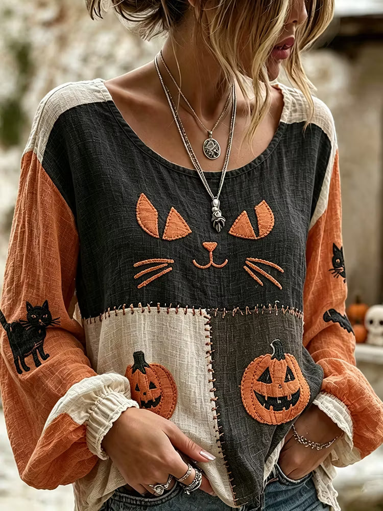Women's Vintage Halloween Wizard Cat Art Embroidered Linen Blend Round Neck Long Sleeve Tops