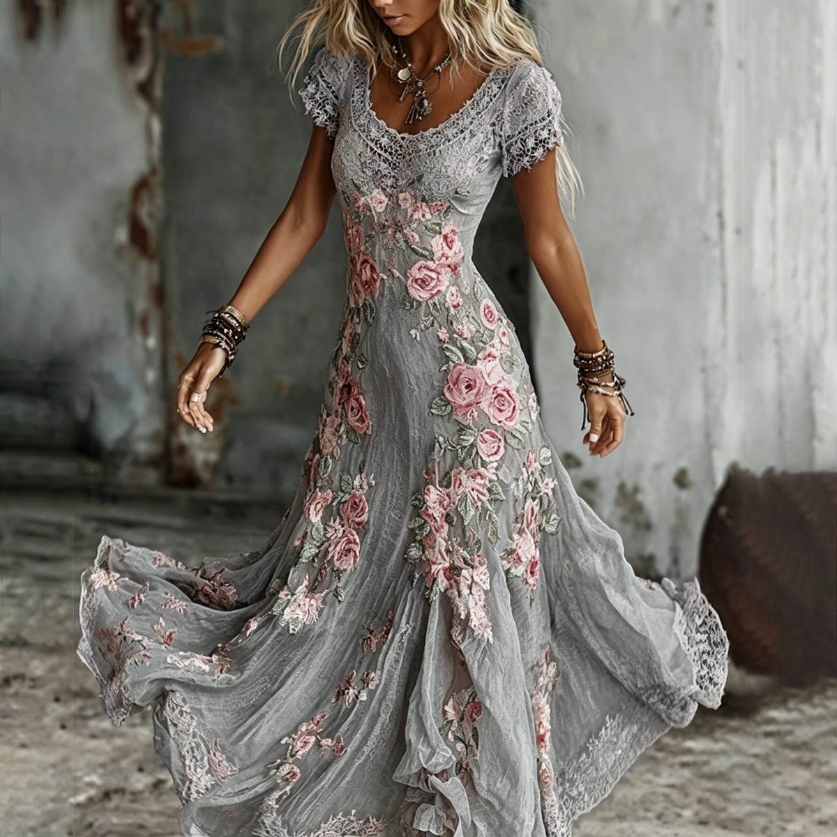 Women's Bohemia Rose Floral Embroidered Art Flowy Maxi Dress