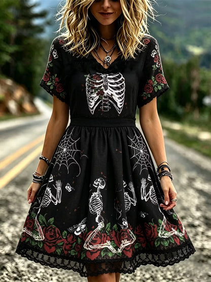 Women's Dark Retro Floral Spiderweb Skull Design V-neck Short-sleeved Dress