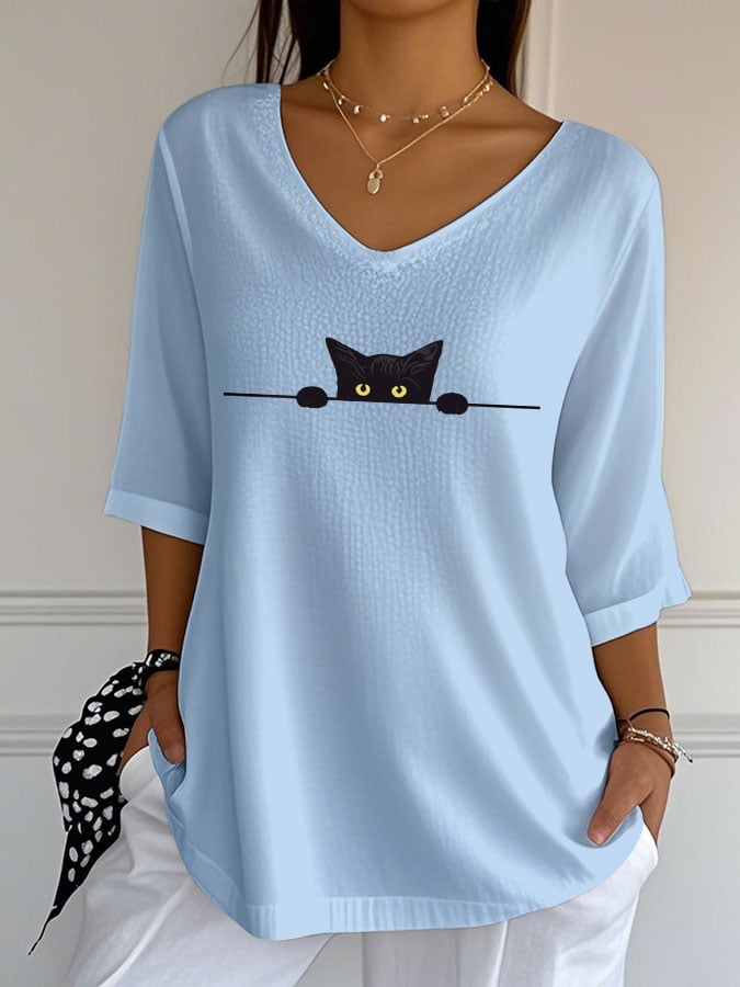 Women's Cute Cat Print Casual V-Neck T-Shirt