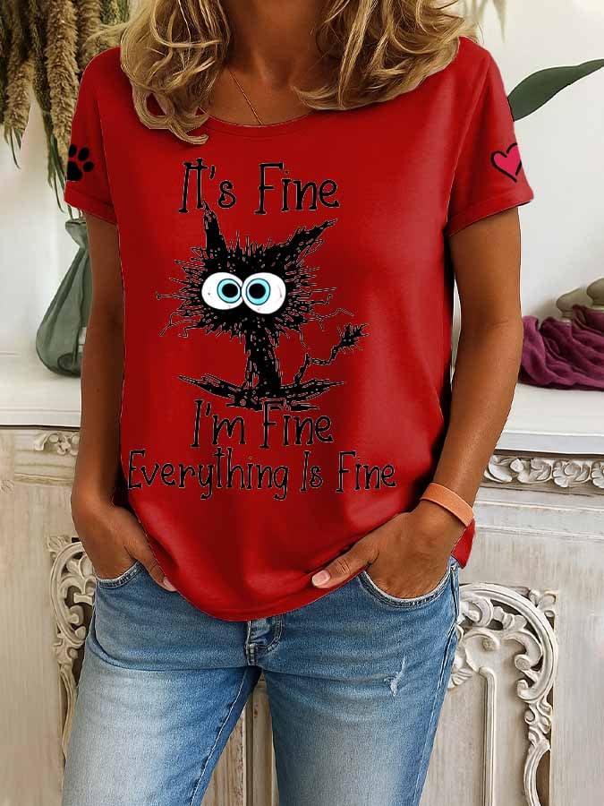 Women's Retro It'S Fine I'M Fine Everything Is Fine Cat Print T-Shirt