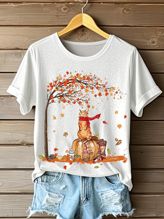 Women's Retro  It’s Fall Y’all Cute Cat Print T-Shirt