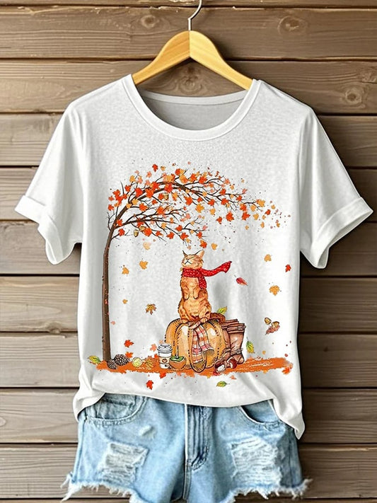 Women's Retro  It’s Fall Y’all Cute Cat Print T-Shirt